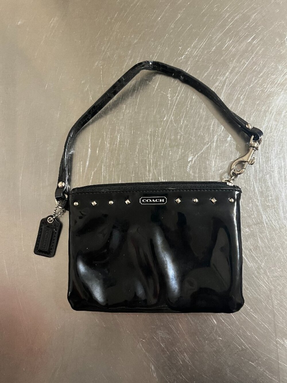 COACH Black Glossy Studded Pouchette Small Wristlet Wallet Pouch